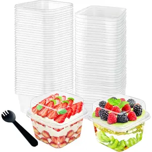 100 count 8oz Plastic Dessert Cups with  and Spoons,Disposable Parfait Cup Square Cake Containers for Party Favor,Mousse,Yogurt,Pudding,Snacks,Fruits,50 Sets