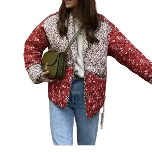 Floral Printed Quilted Long Sleeve Padded Short Jacket