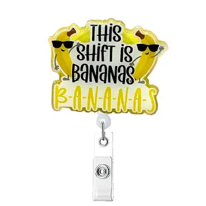 This Shift Is Bananas Badge Reel, 1 Count Badge Reels Retractable Acrylic Badge Reel, Creative Badge Reel, Glitter ID Holder for Nurse, Office Staff, Student, Badge Decoration