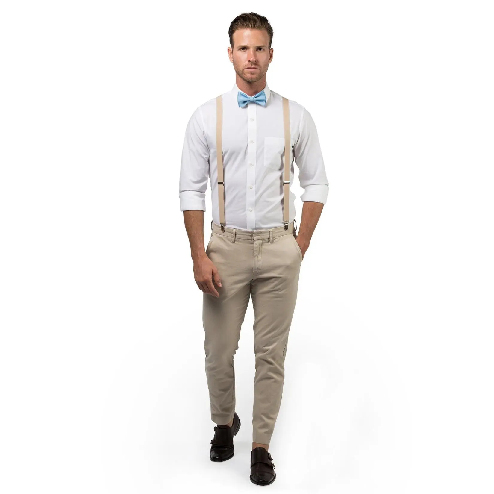 Beige Suspenders & Baby Blue Bow Tie