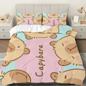 3PCS Duvet Cover Set, 1 Duvet+2 Pillowcases(Without filler), Cute Animal  Capybara Pastel theme, All-Seasons bedding set, Soft Comfortable Durable Suitable for decoration Bedroom Dormitory Apartment Guest Room.
