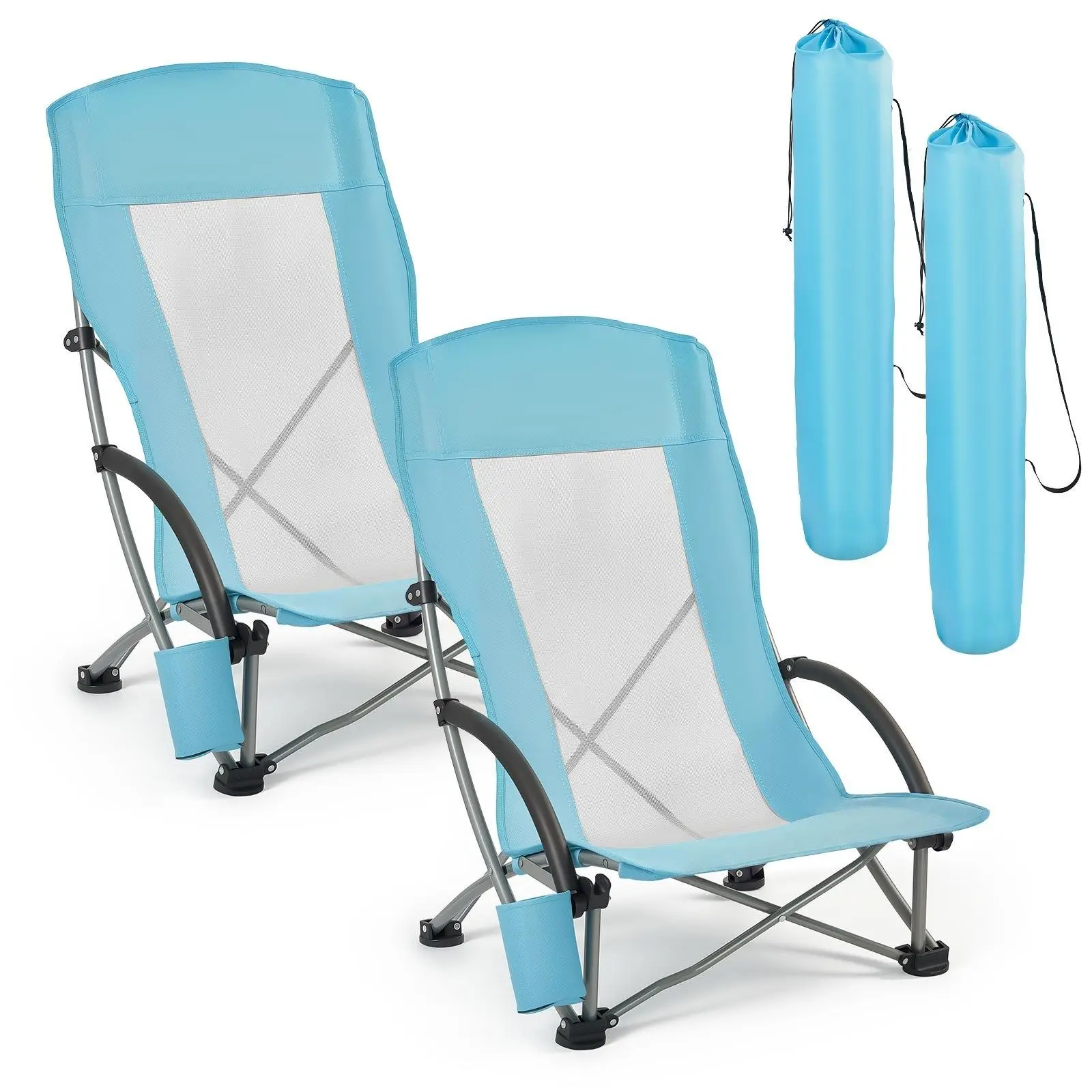 2 Pack High Back Folding Beach Chair, 330 LBS Heavy-Duty Adult Camping Chair with Extra Wide Seat, Breathable Teslin Mesh Back & Oxford Fabric, Dual Cup Holders & Magazine Pocket, Lightweight Portable Chair with Carry Bag for Outdoor Camp Beach