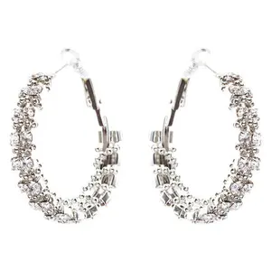 Beautiful Dazzling Beaded Wrap Double Row Crystal Rhinestone Hoop Earring Silver