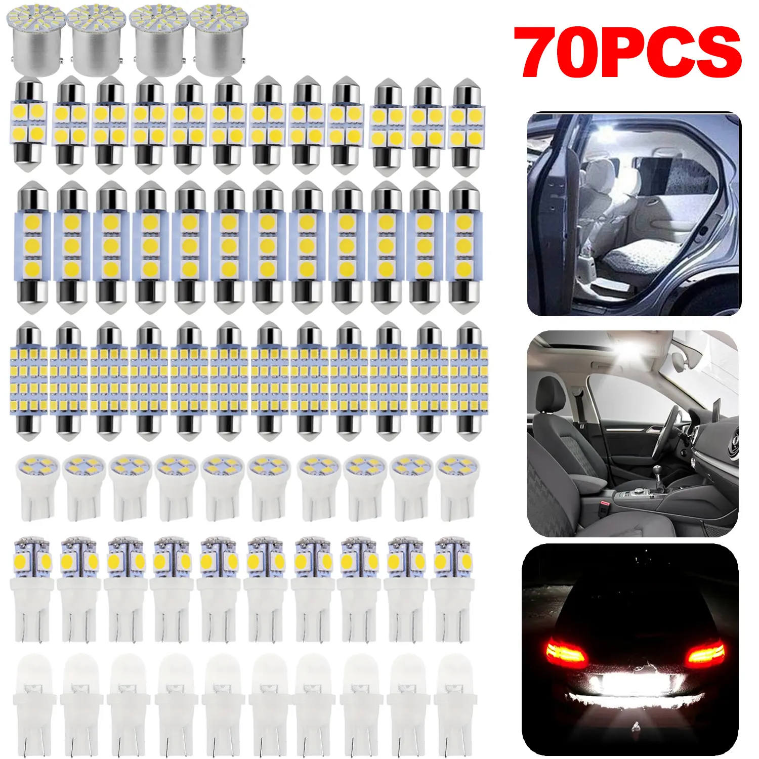 70-Piece Super Bright White LED Car Interior Lighting Kit, Multi-Size DE3175 T10 31mm 41mm 194 Plug-In Bulbs for Trucks’ Dome, Map, Cab Lights, Vehicle Accessories for Cars