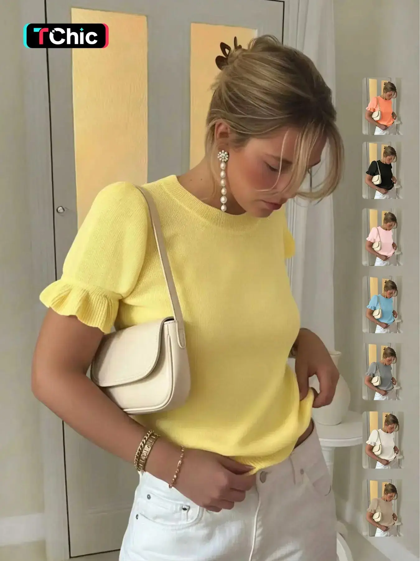 Women's Spring, Summer and Fall Fashion Minimalist T-Shirt, Solid Color, Round Neck, Pleated Short Sleeve, Casual Basic Loose Wool Knit Top, Womenswear