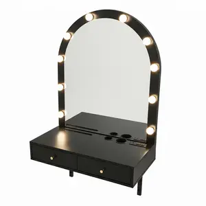 Wall-Mounted Floating Vanity Desk with Metal Frame, Easy Setup, Engineered Wood, Arched LED Hollywood Mirror, 3-Color Dimmable LEDs, Charging Station, 2 Drawers, Space-Saving for Bedroom, Bathroom (31.49x15.74x53.93 in)