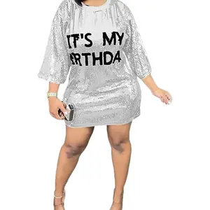 'It's My Birthday' Glitter Letter Pattern, Butterfly Sleeve Sequins, Women, Plus Stylish Sparkly Casual dress Sequin Wrap Summer Womenswear