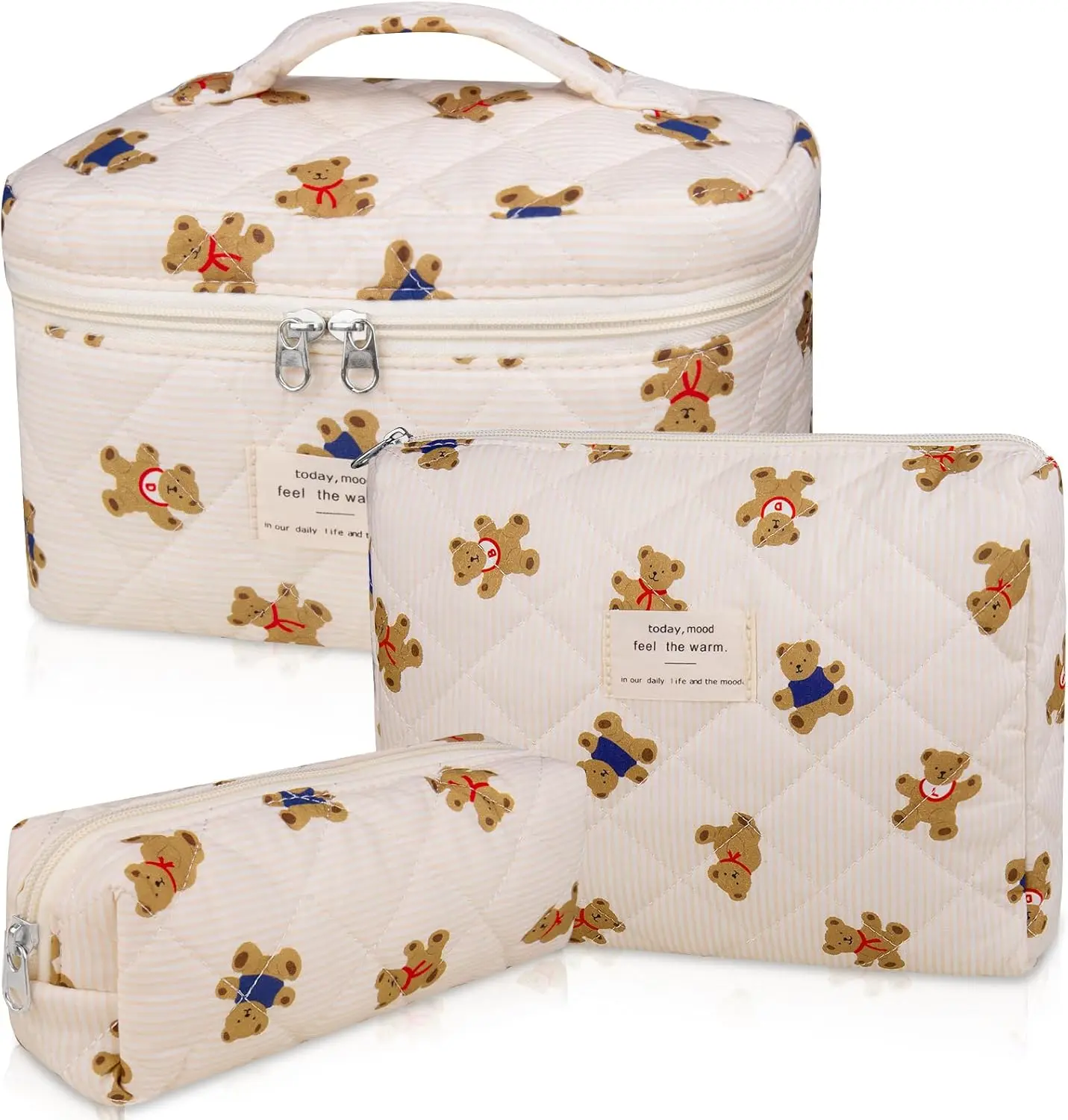 3Pcs Cute Bear Quilted Makeup Bag Set, Aesthetic Cosmetic Bag with Handle, Large Travel Toiletry Organizer Pouch, Portable Pencil Case for Women Girls, Trendy Makeup Storage Bag for Travel Daily