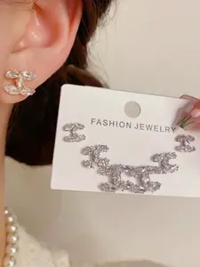 1 Pair Elegant Luxury Zirconia Plated 925 Sterling Silver Stud Earrings, Suitable For Daily, Party, Gift For Friends, Autumn Earrings, Christmas Gift, Double C Design Earrings For Women