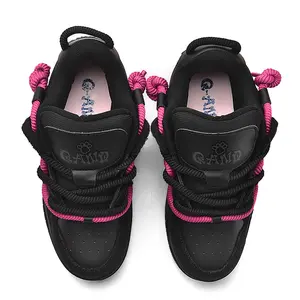 Q-AND Women’s Black Streetwear Sneakers – Casual Skate Shoes with Neon Pink Rope Laces, Lightweight Low Top Platform Trainers, Non-Slip Fashion Walking Sneakers for Everyday Wear