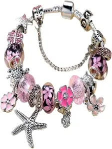 Tropical Flower Starfish Charm Bracelet with Floral Decor, Silver Color Beaded Jewelry, Ideal Gift for Daughter, Party Birthday Present