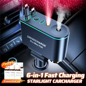 Starlight Roof Retractable Charger with Lightning Cord, Dual Charging Ports, Quick Charge Adapter - Automotive 5-in-1 Car Charger Red Lights
