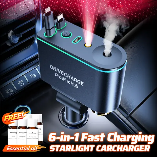 Starlight Roof Retractable Charger with Lightning Cord, Dual Charging Ports, Quick Charge Adapter - Automotive 5-in-1 Car Charger Red Lights