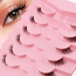 False Eyelashes, Volume False Eyelashes, 7 Pairs/tray Wispy Faux Strip Lashes with Clear Stem, Natural Curling Eye Makeup Strip Lashes for Women & Girls, Eyelash Extensions