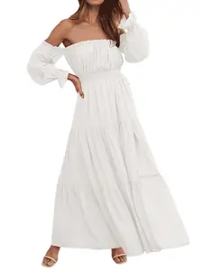 Women's Boho Off-Shoulder Spring Long Sleeve Dress, High-Waist Side-Split Flowy A-Line Tiered Maxi Dress for Casual Wear Womenswear