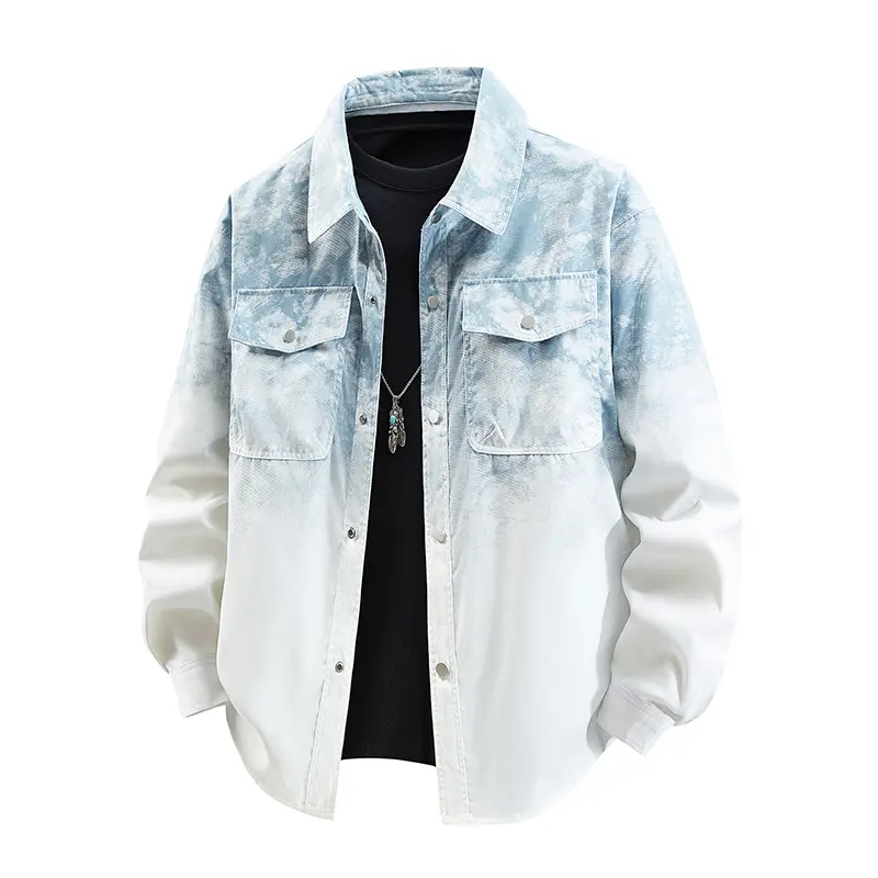 Men's Gradient Print Shirt Jacket, Casual Long Sleeve Button-Up Overshirt with Dual Chest Snap Pockets for Streetwear, Menswear, Denim, Stylish, Longsleeves, Set, Top, Polyester, Double Pockets, Fitted Cut, Machine Wash, Medium Length, Outer Shirt
