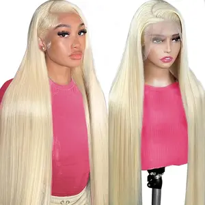 GK 613 Lace Front Wig Straight 13x6 HD Transparent Human Hair Wig Blonde 32 Inch Glueless 180% Density Bleached Knots for Women 10A Brazilian Remy Hair Pre Plucked with Baby Hair