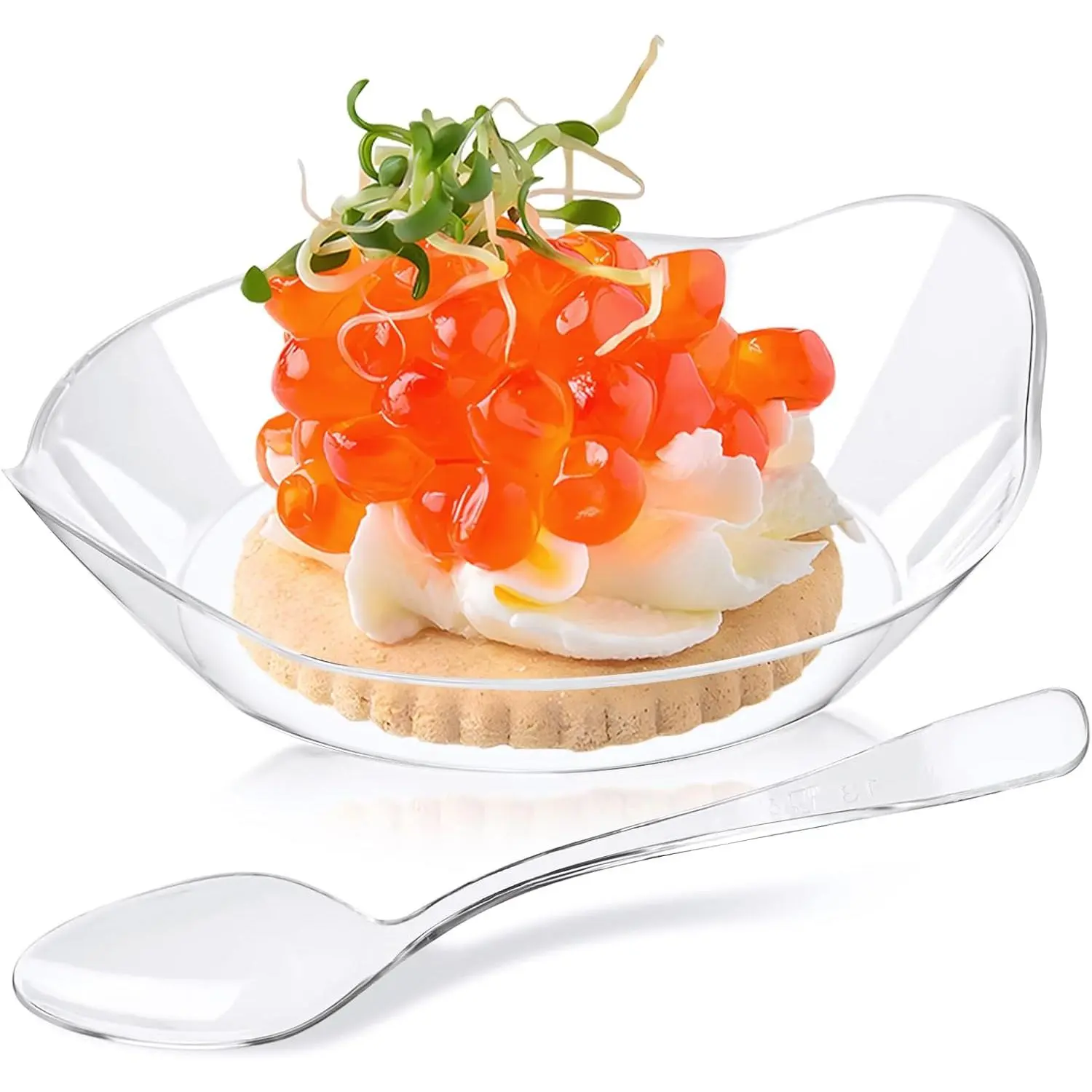 100 Pack Mini Dessert Plates, Small Clear Plastic Trays with Spoons Disposable Party Serving Plates for Appetizer, Dessert, Fruit