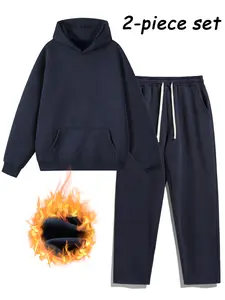 Men's Plain Two-Piece Sweatsuit Set, Fitted Casual Hoodie & Drawstring Pants, Thick Fabric for Fall/Winter, Everyday Wear Essentials Outfit Outdoor