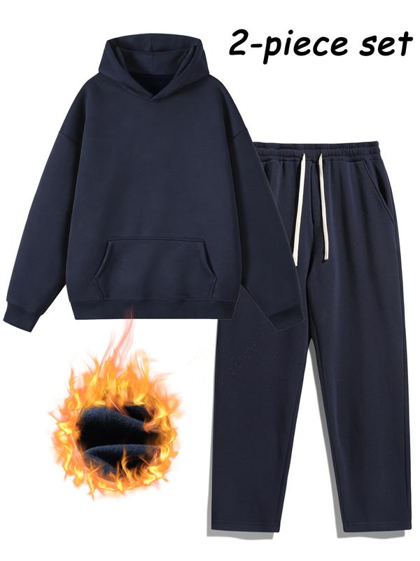 Men's Plain Two-Piece Sweatsuit Set, Fitted Casual Hoodie & Drawstring Pants, Thick Fabric for Fall/Winter, Everyday Wear Essentials Outfit Outdoor