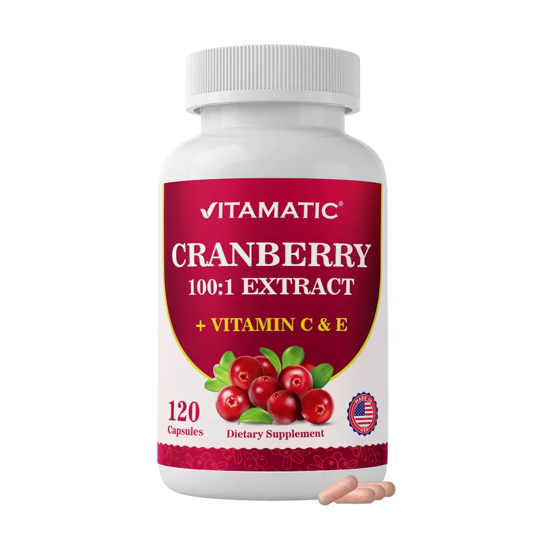 Vitamatic Cranberry 500 mg 100:1 Extract Dietary Supplement with Vitamin C, E - 2-Capsule Equivalent, 120 Veg Capsules - Urinary Tract & Bladder Support - Non-GMO, Gluten-Free, Made in USA