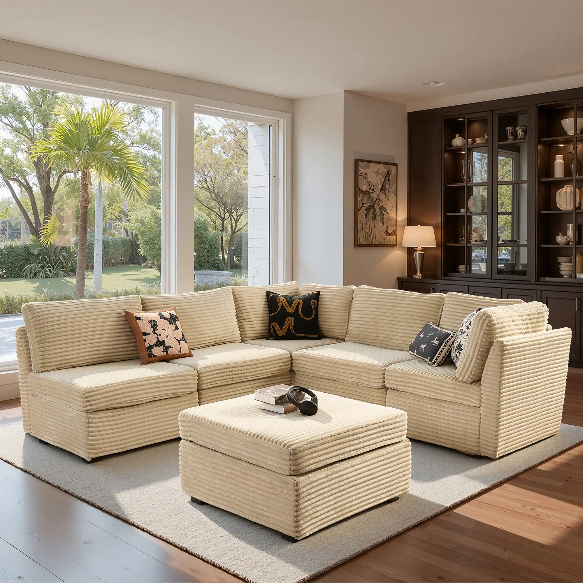 XIZZI Modular Sectional Couch, 130" U Shaped Couch Set with Chaise ‌and Ottoman‌ - Easy Assembly Required, Deep-Seat, Upholstered Modular Cloud Could for Living Room, Plush Corduroy Fabric ﻿- 6 Seater