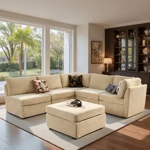 XIZZI Modular Sectional Couch, 130" U Shaped Couch Set with Chaise ‌and Ottoman‌ - Easy Assembly Required, Deep-Seat, Upholstered Modular Cloud Could for Living Room, Plush Corduroy Fabric ﻿- 6 Seater