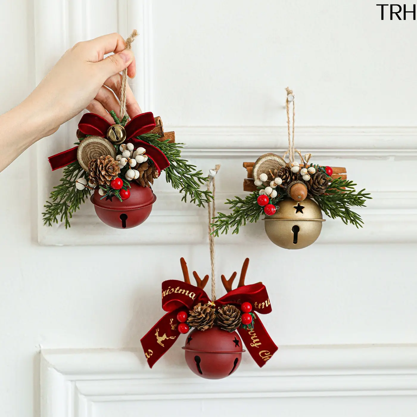 Rustic Nature Christmas Bell Ornaments - Viral Reindeer Antler Bow Pine Cone Hanging Decor, Car Rearview Mirror Pendant, Xmas Tree Holiday Decoration Gift, Golden Bow Antler Bell