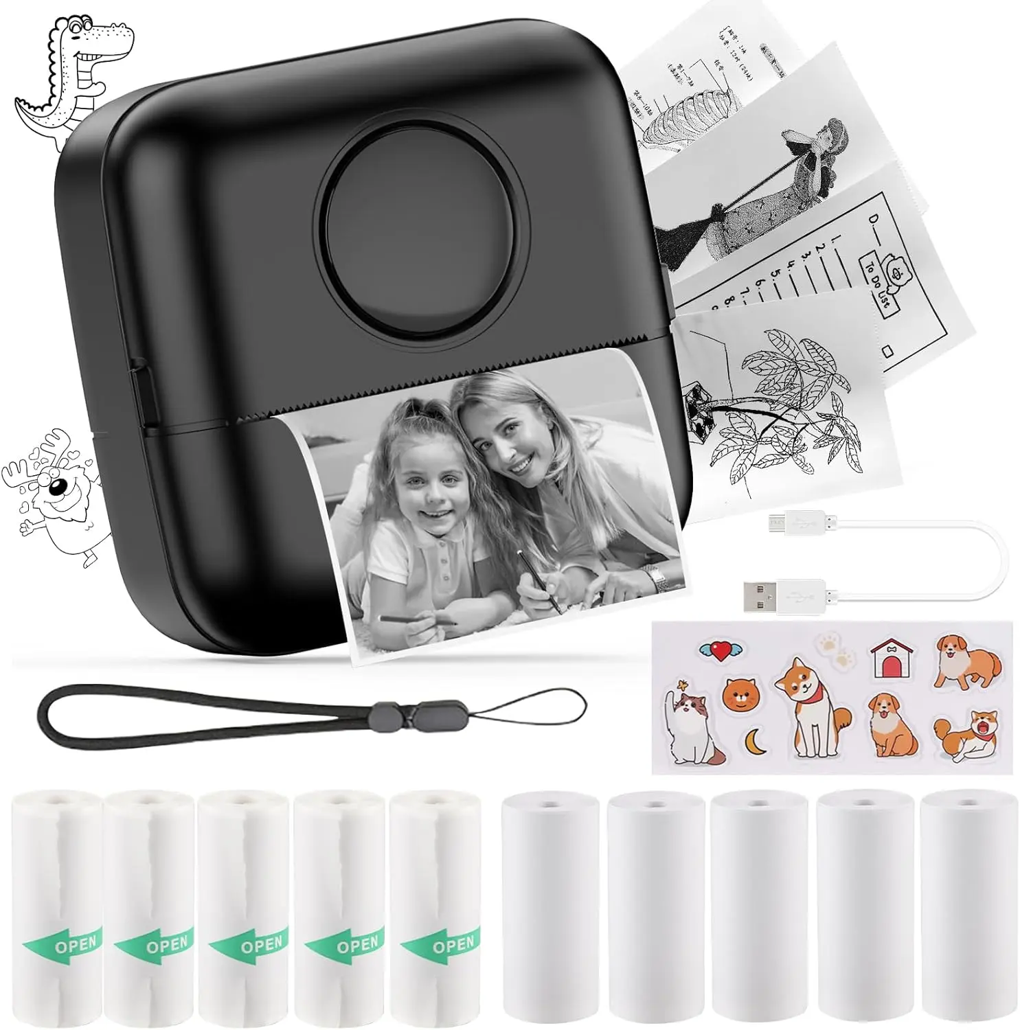 HuiJuKeJi Mini Sticker Printer Bluetooth Smart Pocket Inkless Thermal Printer with 11 Rolls Thermal Paper and Sticker for iOS&Android, Portable Receipt Printer for Photo Journal Notes Memo