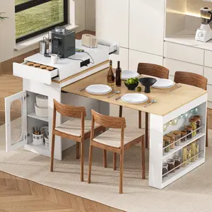 [Bellemave] Extendable Dining Table with Folding Tabletop, Bar Table with Drawers and Power Outlet, Kitchen Island with Wheels and Hooks, Sideboard for Kitchen and Dining Room