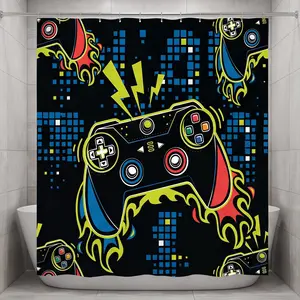 4 Pcs Game Shower Curtain Set, Classic Videogames Controller Bath Curtain with Anti-Slip Mat Toilet Cover Carpet Set and 12 Hooks, Black Splash Ink Colorful Bathroom Decor Set 72 x 72 Inch