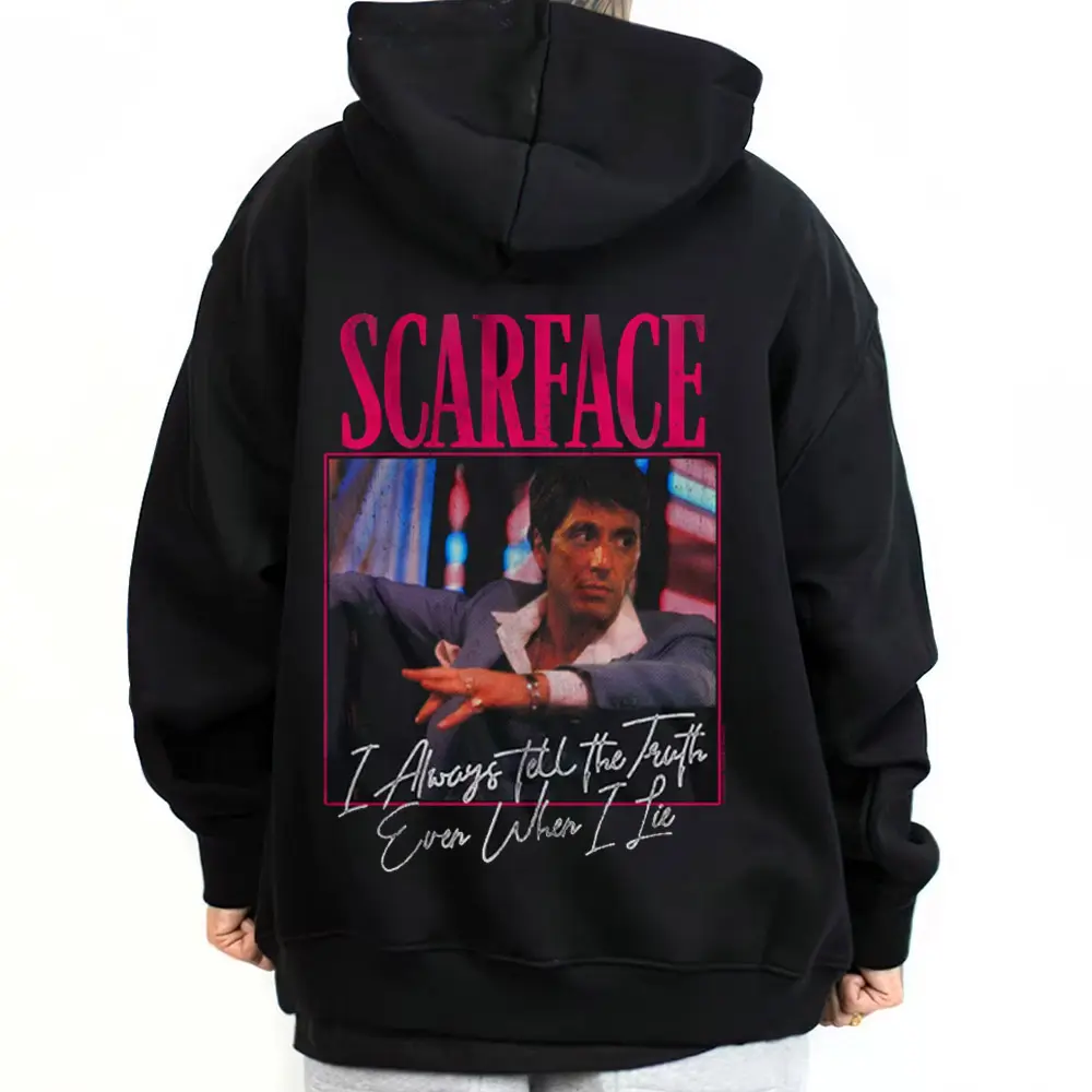 Scarface Back Print Hoodie Unisex Vintage Retro Movie Streetwear Oversized Heavyweight Pullover With Tony Montana Graphic And I Always Tell The Truth Quote Kangaroo Pocket Cotton Blend Sweatshirt For HipHop Rap Fans Daily Wear Winter Spring Outfits