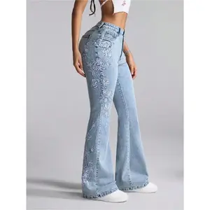 Women's Fashionable Elastic Comfortable Hand Embroidered Denim Jeans, Fitted Plain Woven Fabric, All Season Wear