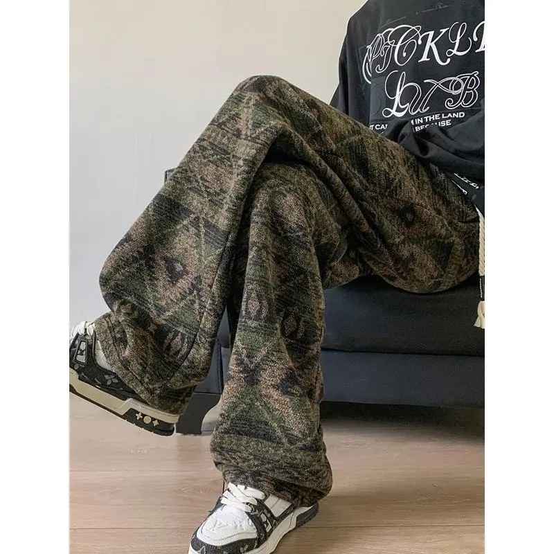 TikTok Shop Store Men's Clothing Ethnic Style Jacquard Pants Men's Autumn Niche Design Knitted Sweatpants Retro Wide-leg Casual Long PantsGift