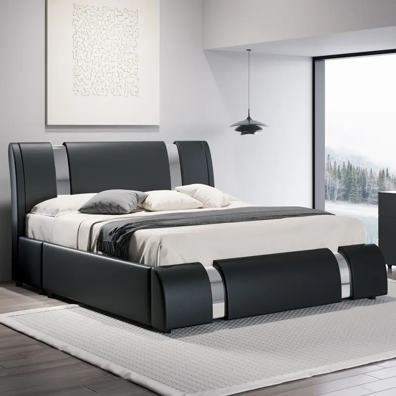 HOOMIC Modern Faux Leather Platform Bed Frame【Frame Only No Mattress】with Iron Pieces Decor,Low Profile Platform Bed with Height-adjustable Headboard,Solid Wood Slat Support,No Box Spring Needed,Queen/King Size