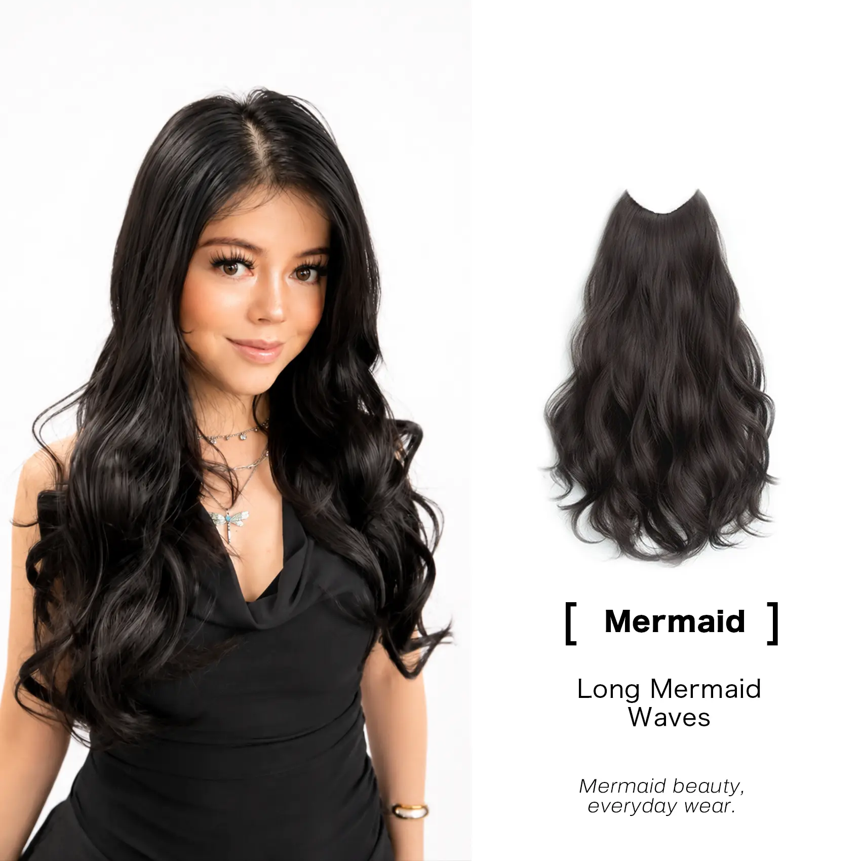 #sohochic QBEAUTY Amara 22-Inch Black Synthetic Layered Cut Mermaid Curly Long Wave Invisible Clip-in Hair Extensions - Adjustable Clip-on Design, Natural Look, Curly Wave Extensions & Pieces, Hair Extensions Clip Ins