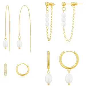 14K Gold Plated Freshwater Pearl Huggie Earring Set for Women, 8 Count Hypoallergenic Pearl Stud and Hoop Earrings, Dainty Chain and Threader Style, Tiny & Delicate Jewelry Gifts,summerwins