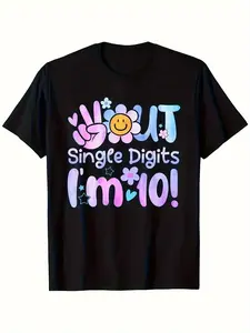 10th Birthday Double Digit Celebration T-Shirt for Girls - Black Graphic Tee with Colorful joyful Faces, Stars &amp; Flowers - Soft Stretch Knit Fabric, Round Neck Casual Top for Parties &amp; Casual Attire
