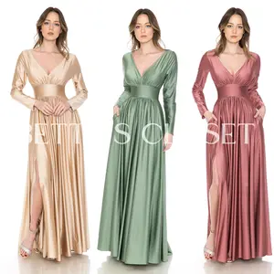 Marissa Long Sleeve V-Neck Waisted Ruched Top Ruched Flare Shiny Pocketed Formal Gown