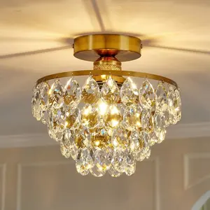 Golden Crystal Chandelier, φ25cm Modern Round Semi Flush Mount LED Ceiling Light, 3-Color E26 Bulb Compatible Hallway Ceiling Light Fixture for Living Room Dining Room Bedroom Kitchen Entryway, Home Decor Lighting, Indoor Lighting