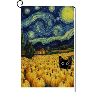 Fall Pumpkin Cat Garden Flag 12x18 Vertical Double Sided Blue Sky Autumn Thanksgiving Holiday Outside Decorations Burlap Yard Flag