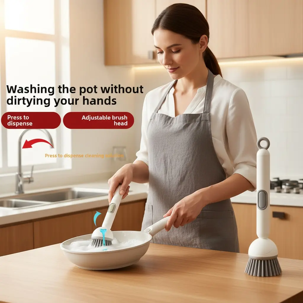 Multifunctional Synthetic Handle Brush, Liquid-Dispensing Long-Handle Dish Brush with Built-In Soap Reservoir, Hanging Hook, 6-Speed Rotation – Available in 3-Piece & Multiple Sets, 3-Piece Sets