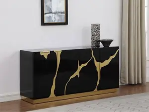 Best Master T1945BK Sanford Black with Gold High Gloss Finish Wood 66" Sideboard Server Cabinet Modern Design 4 Doors Center Shelf