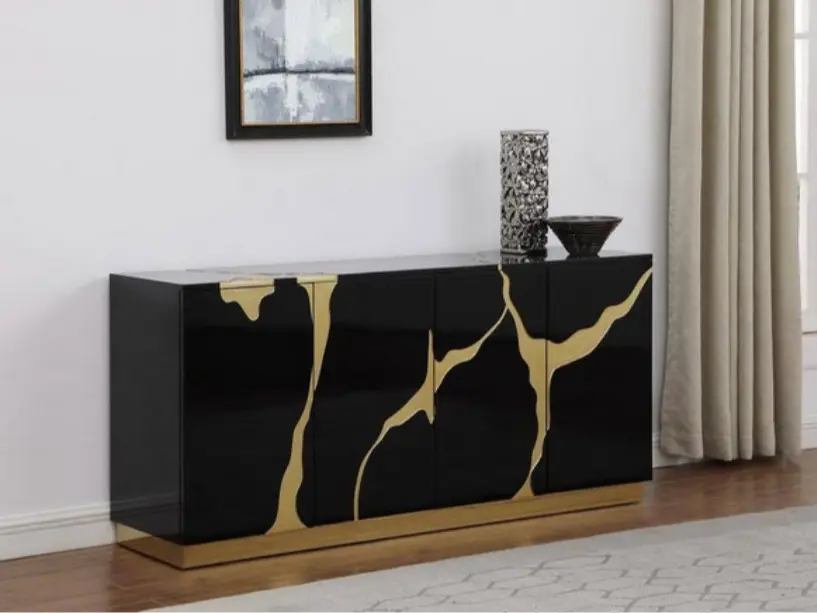 Best Master T1945BK Sanford Black-Gold High-Gloss Wood Modern Storage Cabinets - 66" Sideboard Server Cabinet with 4 Doors, Center Shelf