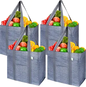 4 Pack Reusable Grocery Bags, Heavy-Duty Shopping Bags with Handles, Bags for Shopping Cart with Hard Bottom to Stand Upright, Foldable, Multi-Purpose (Gray)