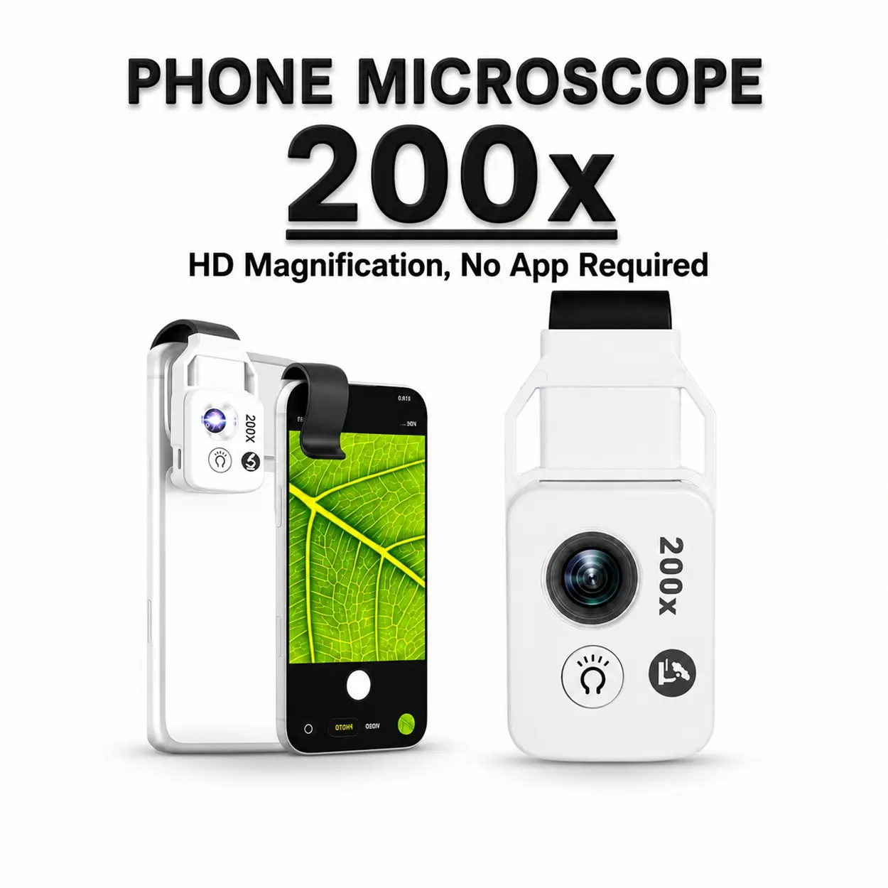200X Clip-on Phone Microscope with LED Light, No APP Required, Pocket Microscope for iPhone Android, STEM Science Gift for Adults, Kids, for Currency, Plant, Jewelry Observation