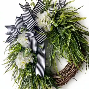 Striped Bow Bouquet Wreath, Spring Summer Decorative Wreath, 15.75 Inches, Elegant Floral Decoration, Home Gift Seasonal Decor