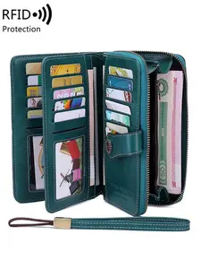 Lucky Star Women's Vintage PU Leather Long Wallet with Wristband, Multi-card Slot Long Clutch Purse with Flower Buckle, RFID Blocking Long Wallet for Daily Use