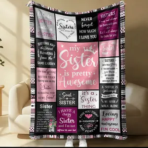 Sister-themed blanket, 1-piece square patchwork with word patterns, a soft air-conditioning blanket perfect for home, office, and camping to keep warm during naps, also serves as home decoration, Boho Blanket