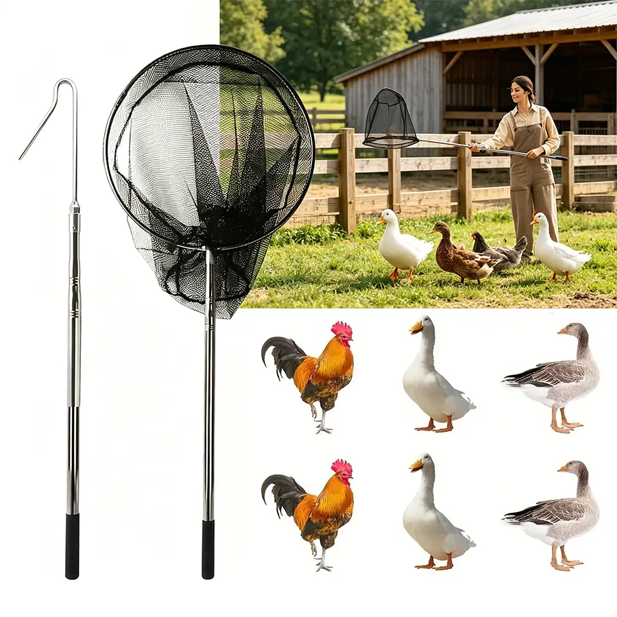 3-Piece Telescopic Poultry Catch Net for Chickens, Turkeys & Ducks, Extendable Long Handle with Hook, Non-Slip Grip, Chicken Catching Tool for Backyard Farms